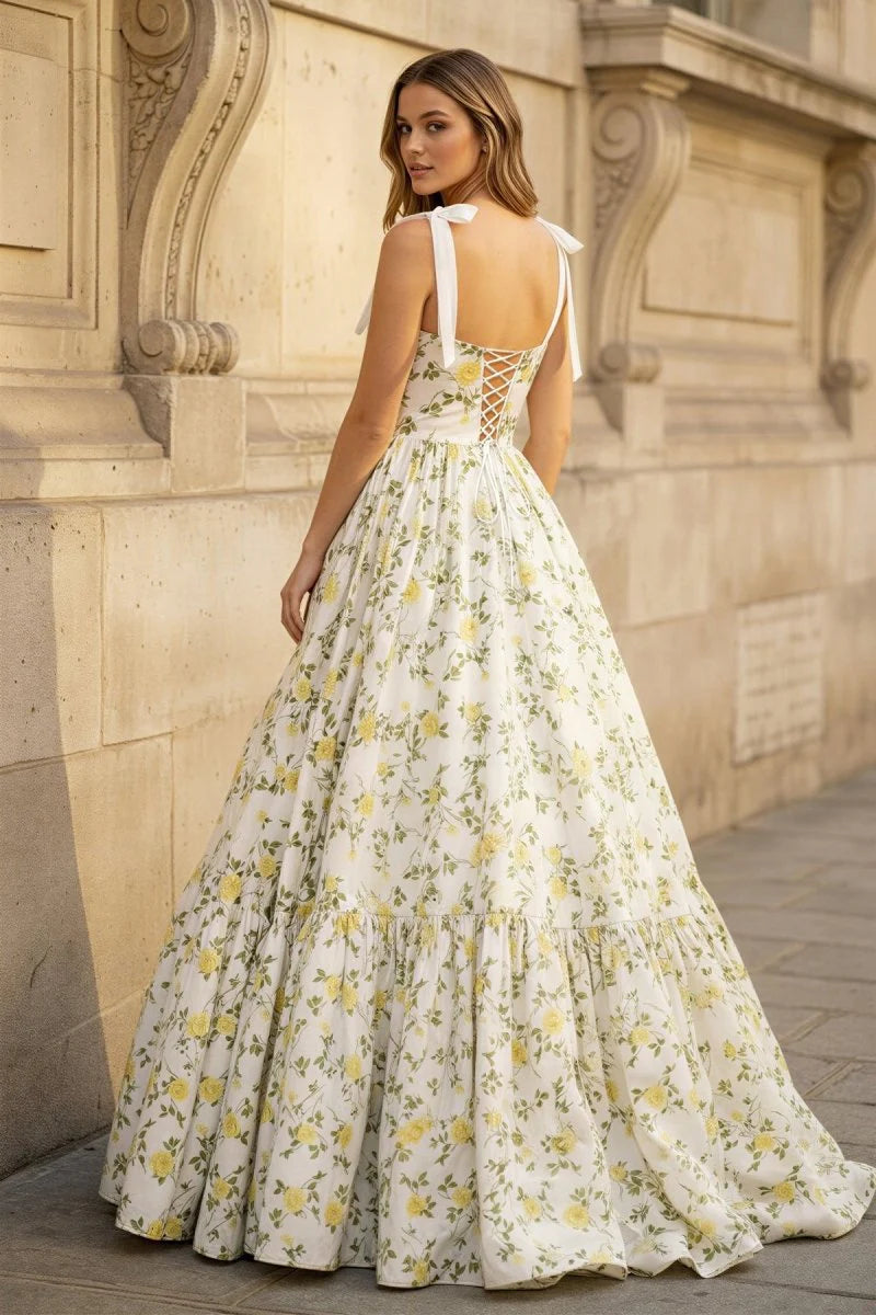 A-Line Spaghetti Straps Floral Printed Satin Long Prom Dresses
