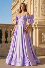 A-Line Off-Shoulder Bow Pleated Long Prom Dress