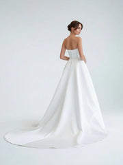 A-Line Strapless White Satin Wedding Dresses with Slit