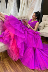 A-Line V Neck Tiered Tulle Prom Dress
