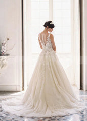 A-line Tulle Lace Appliques Princess Covered-Button Wedding Gown