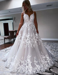 A-Line Sweep Train Deep V-Neck Wedding Dress With Appliques