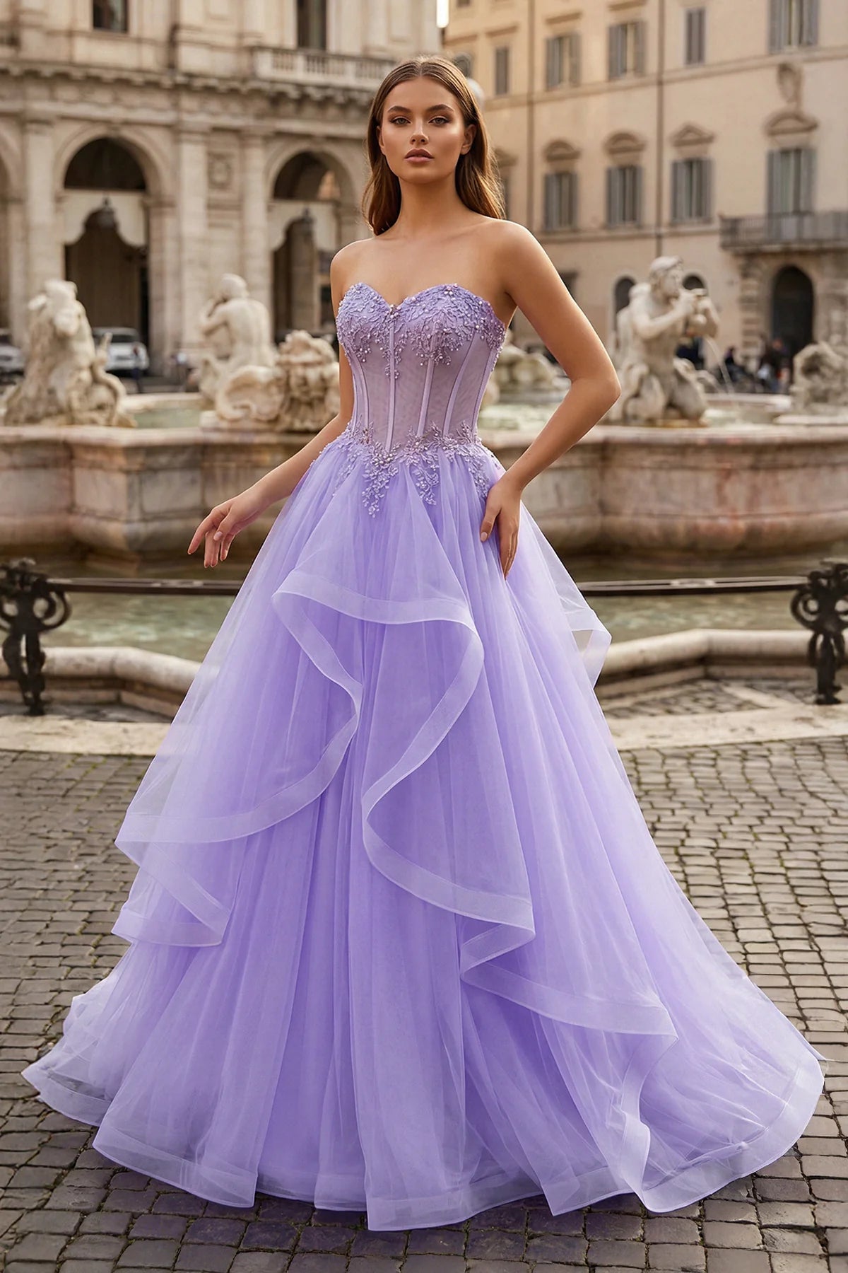 A-line Sweetheart Sleeveless Sweep Train Tulle Prom Dress With Beading Appliqued