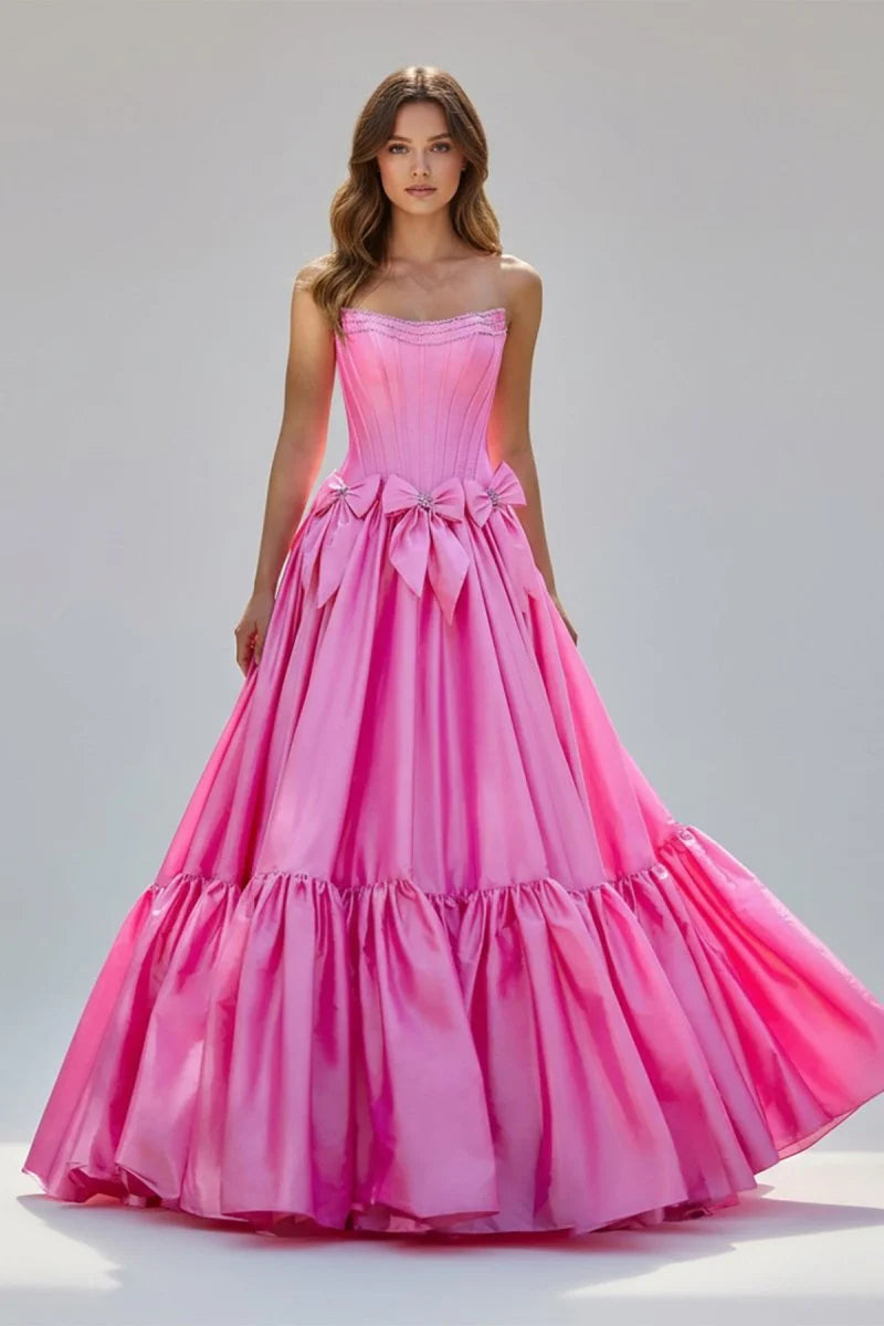 A-Line Black Strapless Satin Long Prom Dresses with Bow Knots