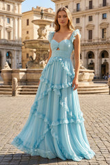A-Line Straps Sky Blue Chiffon Ruffles Long Prom Dress