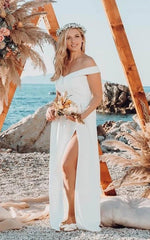 A-Line Off-the Shoulder Satin Modern Wedding Dress Sleeveless With Split Front