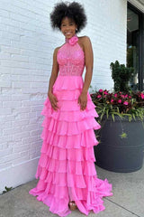 A line High Neck Tiered Chiffon Prom Dress with 3D Flower