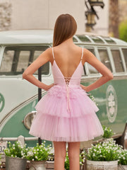 A-Line Deep V Neck Tiered Short Homecoming Dress