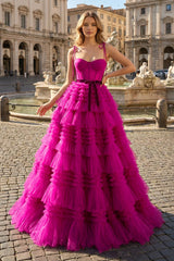 A Line Strapless Fuchsia Tiered Long Tulle Prom Dress