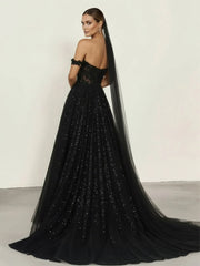 A-Line Black Gothic Wedding Dresses with Sequin Lace Appliques