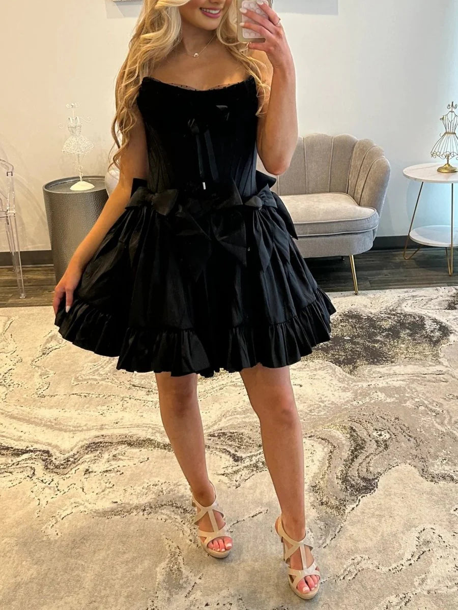 Black - Strapless Satin Ruffles A-Line Homecoming Dress With Bow