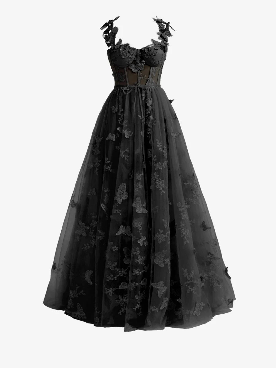 Black A-line Butterfly Lace Lilac Corset Prom Dress with Slit