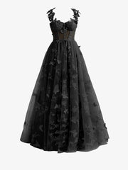 Black A-line Butterfly Lace Lilac Corset Prom Dress with Slit