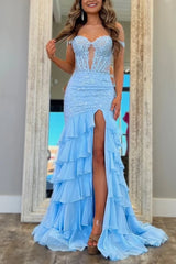 Blue Off The Shoulder Mermaid Chiffon Ruffled Formal Prom Dresses With Appliques
