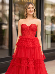 A-Line Sweetheart Tiered Long Tulle Prom Dress