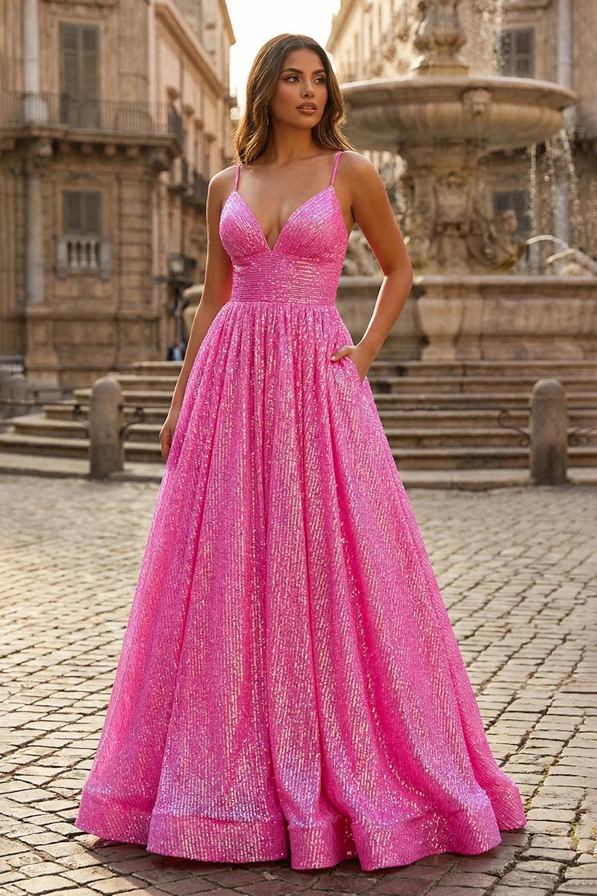 A-line V Neck Sequins Long Prom Dress