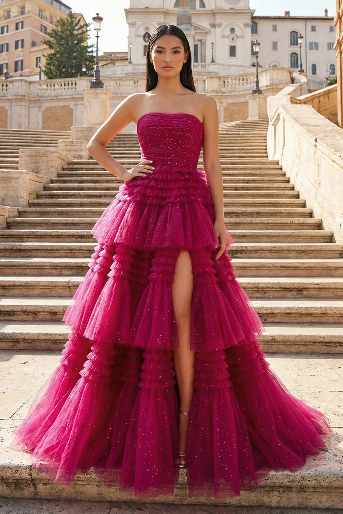 A-Line Strapless Tulle Long Prom Dress with Tiered Ruffles