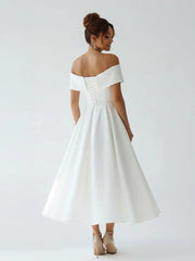 A-Line Satin Tea Length White Off the Shoulder Wedding Dress