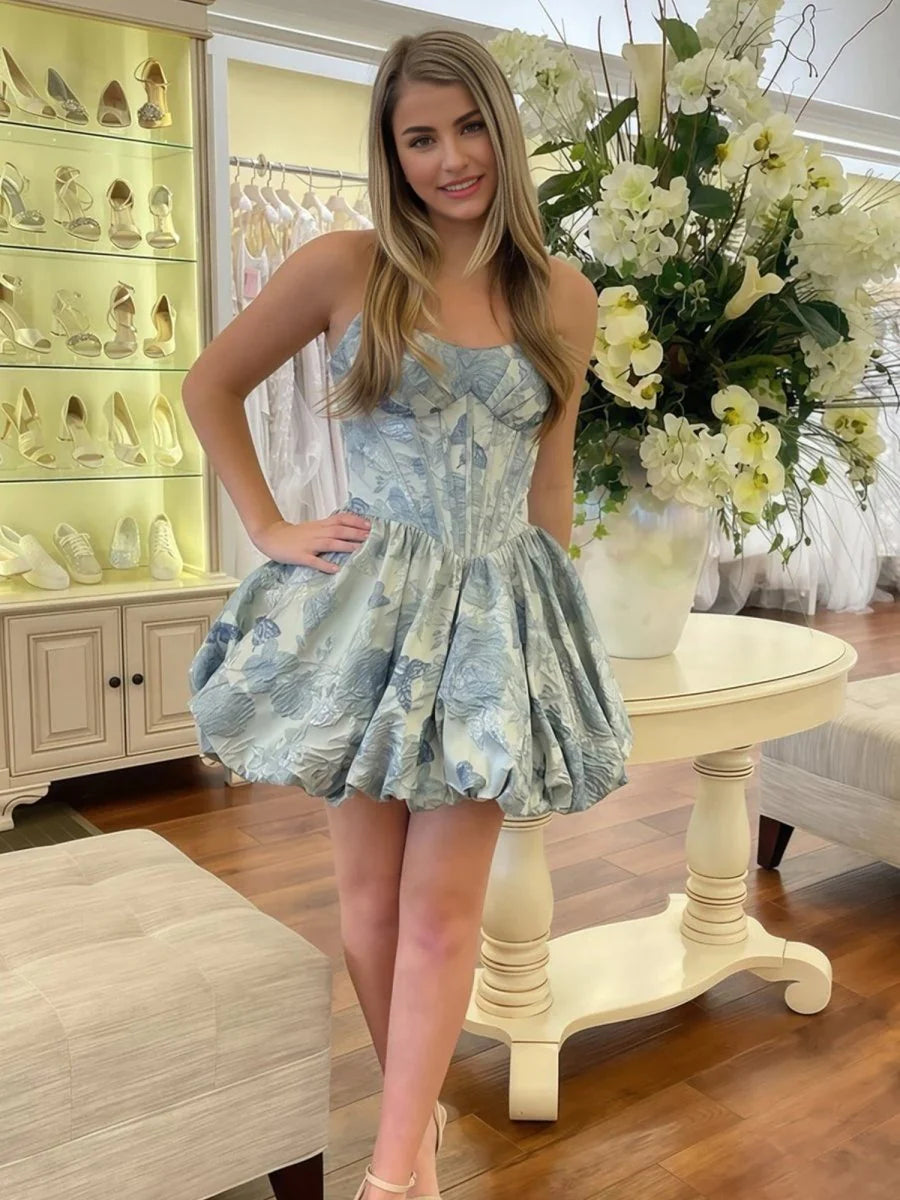 Blue - Scoop Neck A Line Floral Short Homecoming Dress