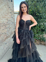 Black Strapless A Line Tulle Prom Dress With Appliques