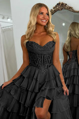 Black - Sweetheart A Line Chiffon Ruffled Prom Dresses With Appliques