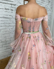 A-line Light Pink Embroidery Off the Shoulder Prom Dress