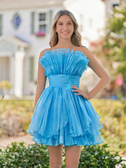 Blue A-Line Strapless Pleated Short Tiered Homecoming Dress