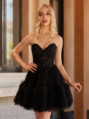 Black - A Line Tulle Sweetheart Ruffles Homecoming Dresses with Beads