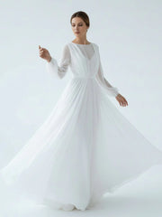 A-Line Illusion Neck Long Sleeves Sweep Train Organza Wedding Dresses