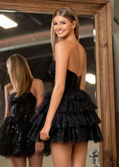 A Line Black Strapless Tiered Homecoming Dress