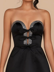 Black - Strapless A-Line Beaded Satin Homecoming Dress With Bow