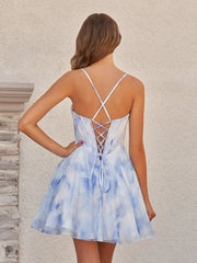 Blue - A Line Floral Chiffon Corset Spaghetti Straps Homecoming Dresses