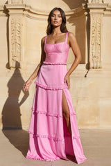 A-Line Hot Pink Ruffles Slit Prom Dress with Lace-up Back