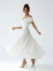 A-Line Satin Tea Length White Off the Shoulder Wedding Dress