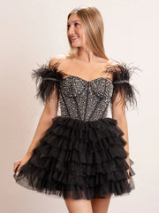 A Line Off the Shoulder Beaded Homecoming Dress with Feathers