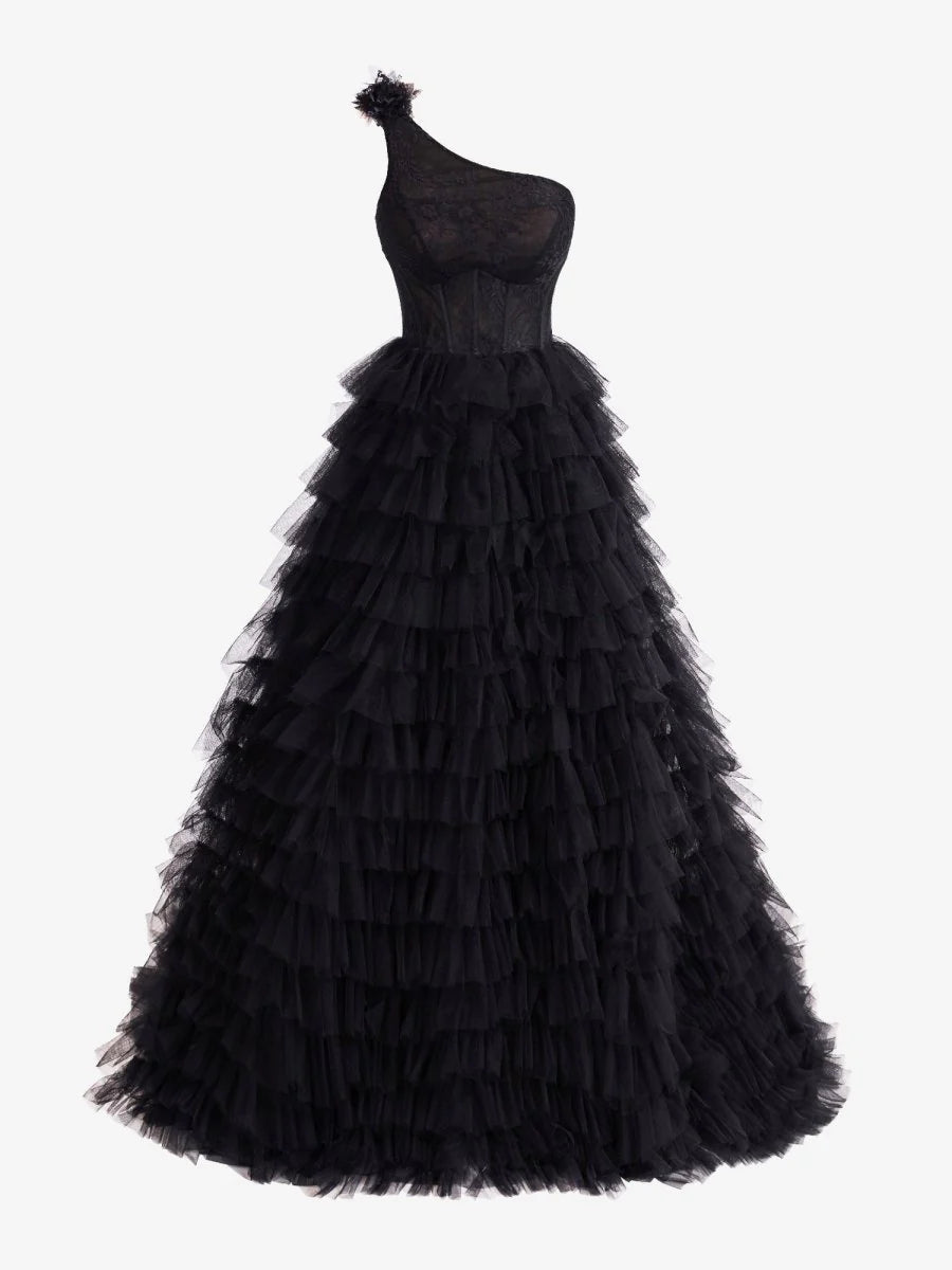 Black A Line One Shoulder Tiered Long Prom Dress