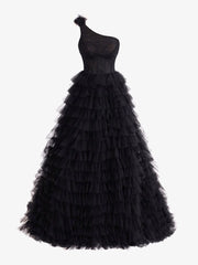 Black A Line One Shoulder Tiered Long Prom Dress