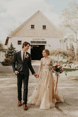 A-line 3D Flower Colorful V Neck Tulle Forest Wedding Dresses