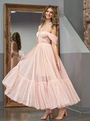 A-Line Rose Pink Tulle Sweetheart Tea-Length Prom Dress