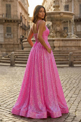 A-line V Neck Sequins Long Prom Dress
