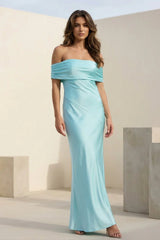 Aqua Sheath Off-the-Shoulder Satin Long Prom Dresses