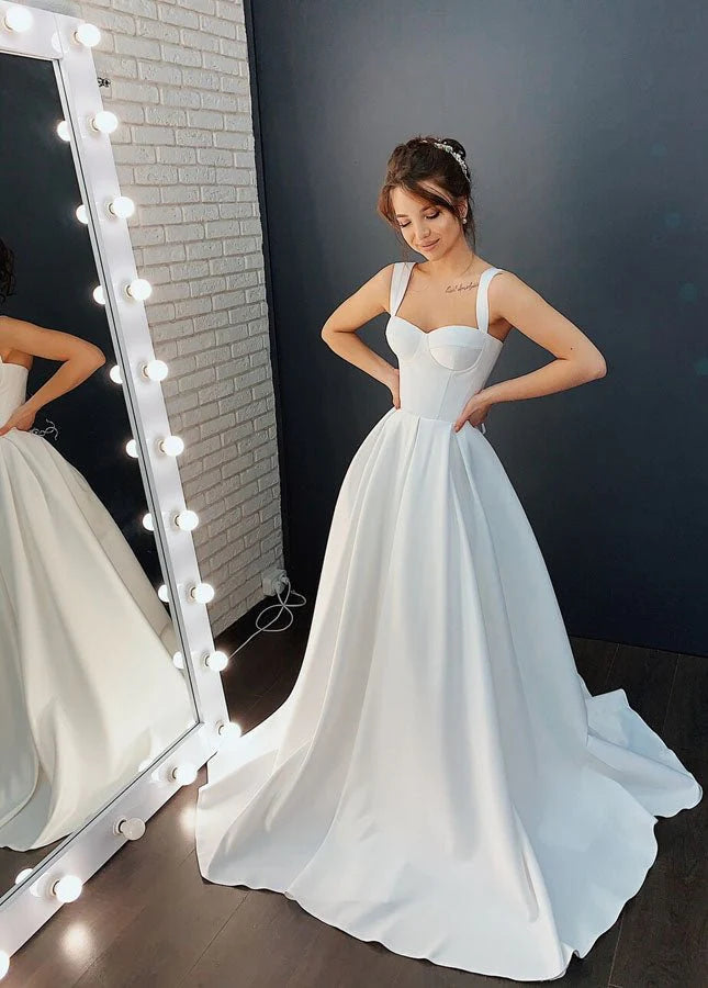 A-line Off-the-Shoulder Sleeveless Satin Simple Bride Wedding Dress