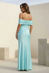 Aqua Sheath Off-the-Shoulder Satin Long Prom Dresses