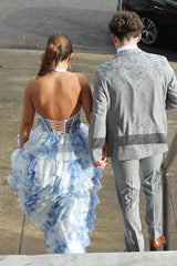 Blue Halter A Line Floral Chiffon Formal Prom Dresses With Ruffles