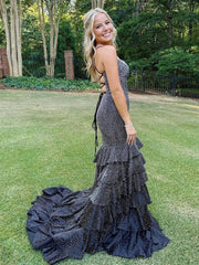 Black Spaghetti Straps Mermaid Long Prom Dress With Beading