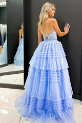A Line Sweetheart Tulle Long Prom Dress with Ruffles
