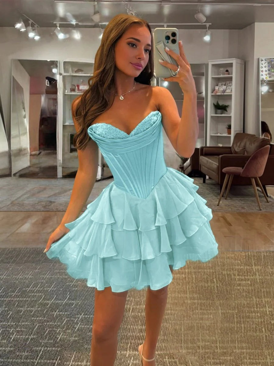 Aqua - A-Line Sweetheart Corset Ruffle Homecoming Dress With Applique