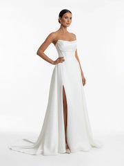 A-Line Strapless White Satin Wedding Dresses with Slit