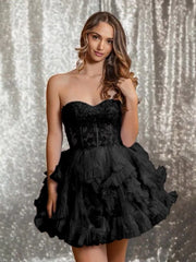 Black - Strapless A Line Ruffle Tulle Homecoming Dress With Appliques