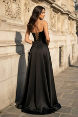 A Line Black Strapless Satin Prom Dresses With Slit